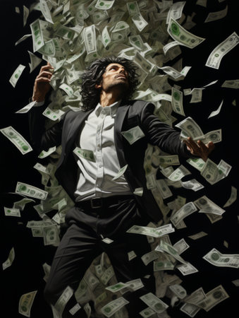 Businessman in a suit throws money into the air on a black backgroundの素材