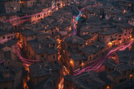 Panoramic view of Siena at night, Italy.の素材