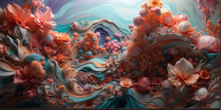 3d render, abstract colorful background pattern with flowers and wavesの素材
