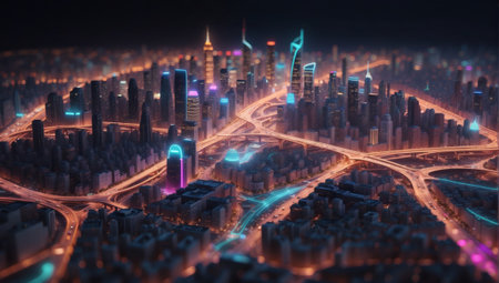 3d illustration of a futuristic city with neon lights and light trails at night.の素材
