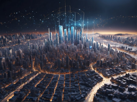 Futuristic city in the night. 3d rendering toned imageの素材