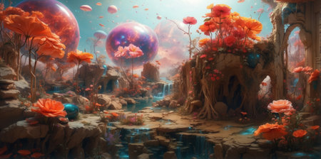 Picturesque fantasy landscape on otherworldly planet with waterfalls and flowers. 3d illustrationの素材
