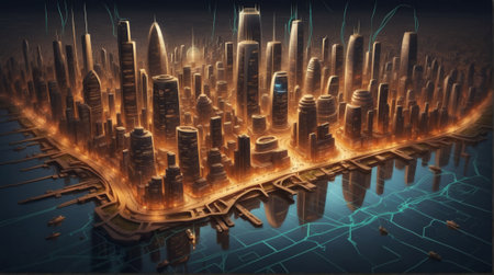 3D illustration of a futuristic cityscape illuminated in glowing Orange at night.の素材