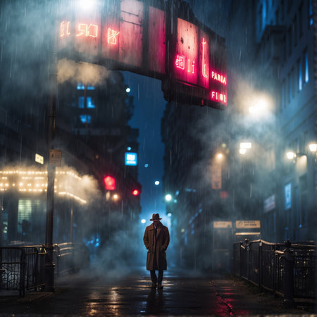 A mysterious man in a coat and hat walks through a foggy city street with neon lights at night.の素材