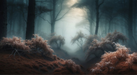 Foggy winter forest with trees and dense mist. 3d renderingの素材
