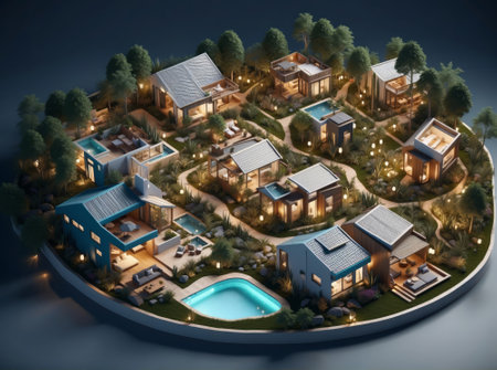 Miniature Concept town providing excellent sustainable living conditions, shaped as a circle. 3D rendering.の素材