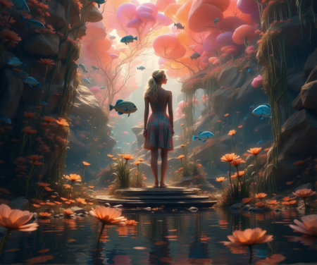 3d illustration of a girl in a dress standing on the edge of a pond on a beautiful fantasy planet with flying fishes.の素材