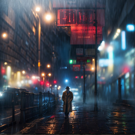 Man in raincoat and hat walking on the street on a rainy night.の素材