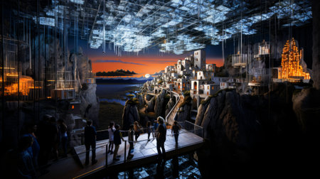 In this futuristic exhibition, visitors are immersed in a lifelike experience as advanced technology brings the beautiful cityscape to life.の素材
