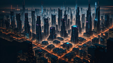 3d illustration. Futuristic city at night with skyscrapers.の素材