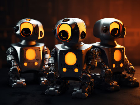 Group of robot toy on dark background. 3d rendering. Teamwork concept.の素材