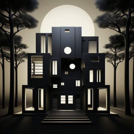 Abstract 3d render of a house in the forest with a full moonの素材