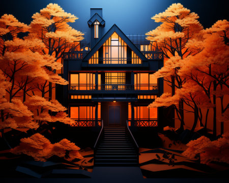 Abstract Concept Mansion with Orange Trees. Vector illustration.の素材
