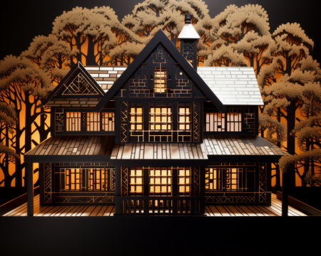 3d illustration of a wooden miniature house in the forest with trees.の素材