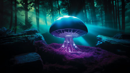 Fantasy landscape with otherworldly glowing Mushroom in the dark forest. 3D Renderingの素材