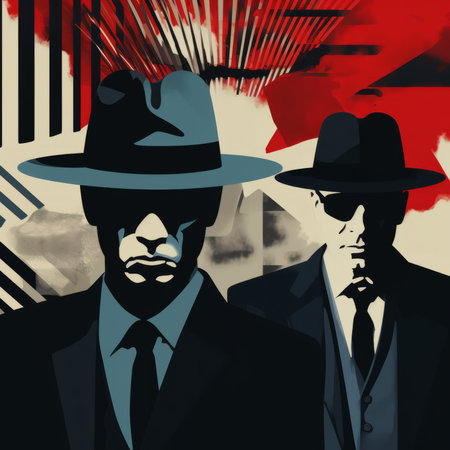 Two gangsters on the background of the city. Vector illustration.の素材