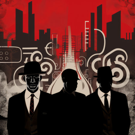 Silhouette of a group of businessmen on an abstract city background.の素材