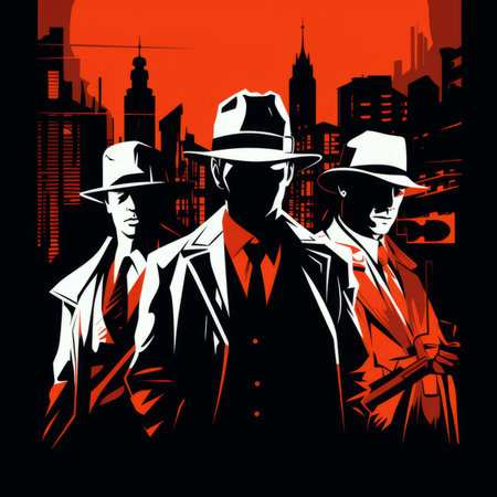 Vector illustration of three mafia gangsters on the background of the city.の素材