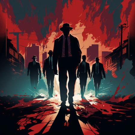 Group of Gangsters walking on a city street in comic style.の素材