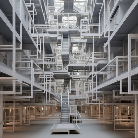 3D render of an abstract architectural Structure with white walls and stairsの素材
