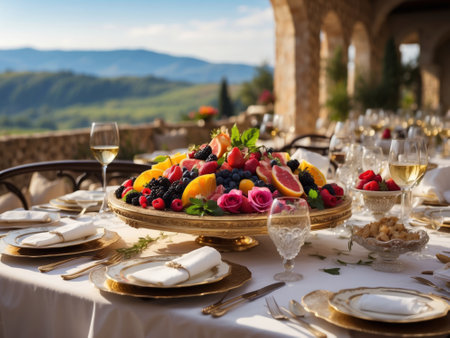 Table served for a romantic dinner in Tuscany, Italy.の素材
