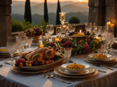 Thanksgiving table setting with roasted turkey, fruits, and wine glasses at sunset in front of Tuscan Landscape.の素材
