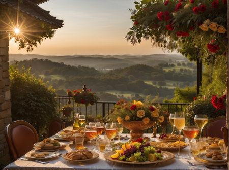 Table set for wine tasting in vineyard at sunset. Tuscany, Italyの素材