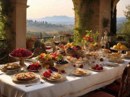Wedding buffet with fruit and wine in Tuscany, Italy.の素材