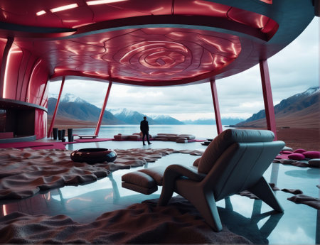 3D rendering of a man inside his futuristic house with a view of a beautiful landscapeの素材