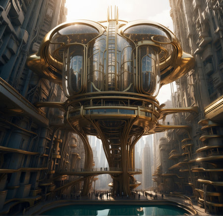 3D rendering of a giant futuristic building in the center of a cityの素材