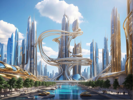 Futuristic city landscape with buildings and skyscrapers. 3d renderingの素材