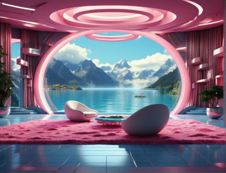 Interior of a futuristic Home with a view of the lake and mountains.の素材