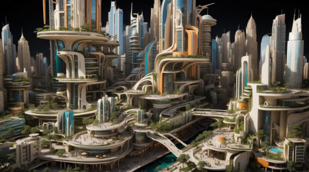 3D illustration of a futuristic city at night. 3D rendering.の素材