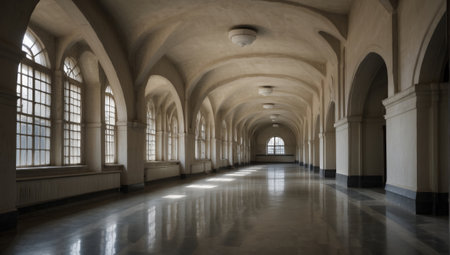Interior of an old building with arched windows and a long corridorの素材