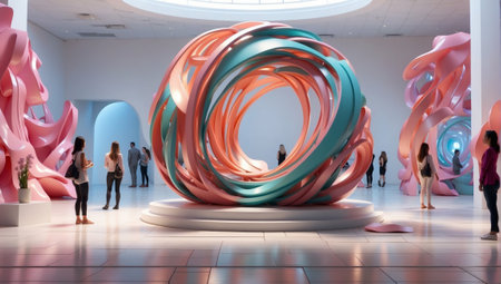 Modern interior of shopping mall with colorful abstract shapes. 3d renderingの素材