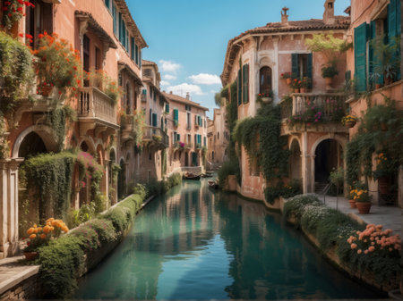 Venetian canal with colorful houses in Venice, ITALYの素材