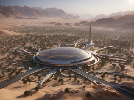 Fantasy alien planet with a giant futuristic Building in the desert.の素材