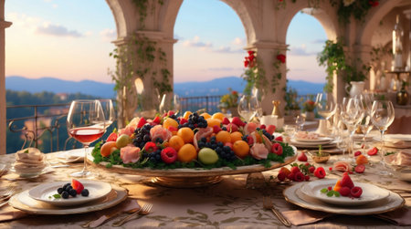 Wedding table decorated with fruits and wine on the background of mountainsの素材