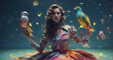 Beautiful girl in a long dress with birds in her hands.の素材