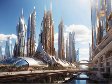 Futuristic city with skyscrapers and bridge. 3d renderingの素材