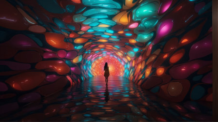 3D rendering of a female figure in a beautiful tunnel with colorful lightsの素材