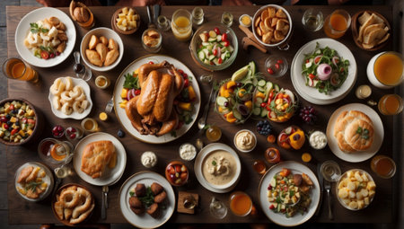 Top view of festive table with different food and drinks for Thanksgiving dinnerの素材