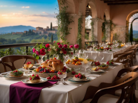 Wedding table with flowers and croissants in Tuscany, Italyの素材