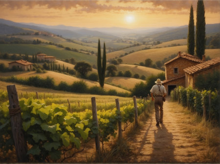 Sunset in Tuscany, Italy. Man walking in vineyardの素材