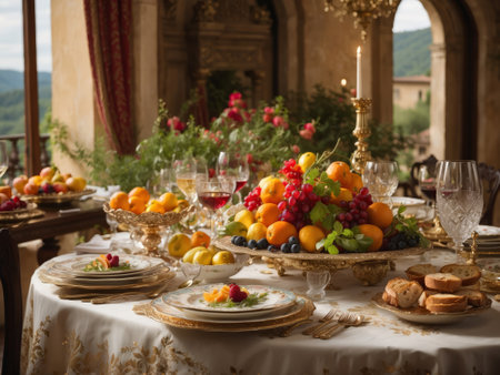Festive table setting for a holiday or wedding dinner in the mountainsの素材