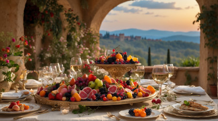 Wine tasting in Tuscany, Italy. Appetizers table with wine glasses and fruits.の素材