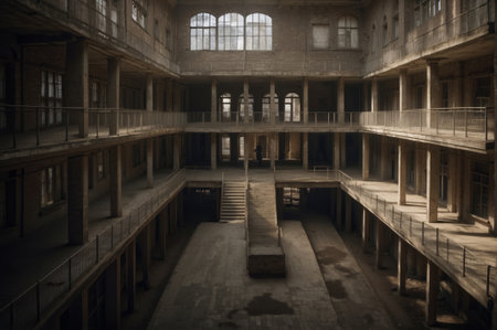 Interior of an old abandoned building with windows and balconies.の素材