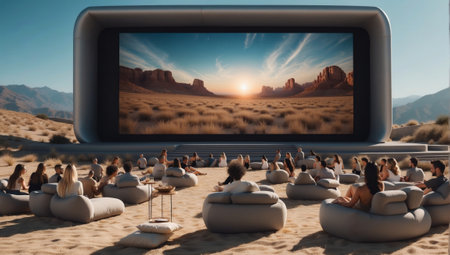 people watching a movie on Giant Outdoor Cinema in the desertの素材