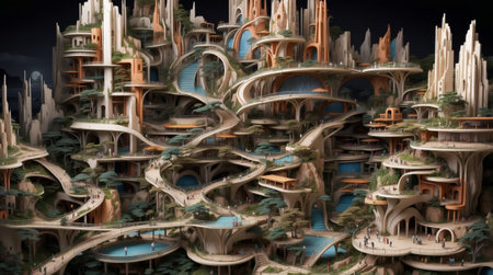 3D rendering of a fantasy city in the form of a planetの素材