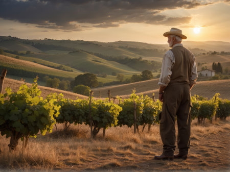 Senior man in vineyard in Tuscany, Italy at sunset.の素材